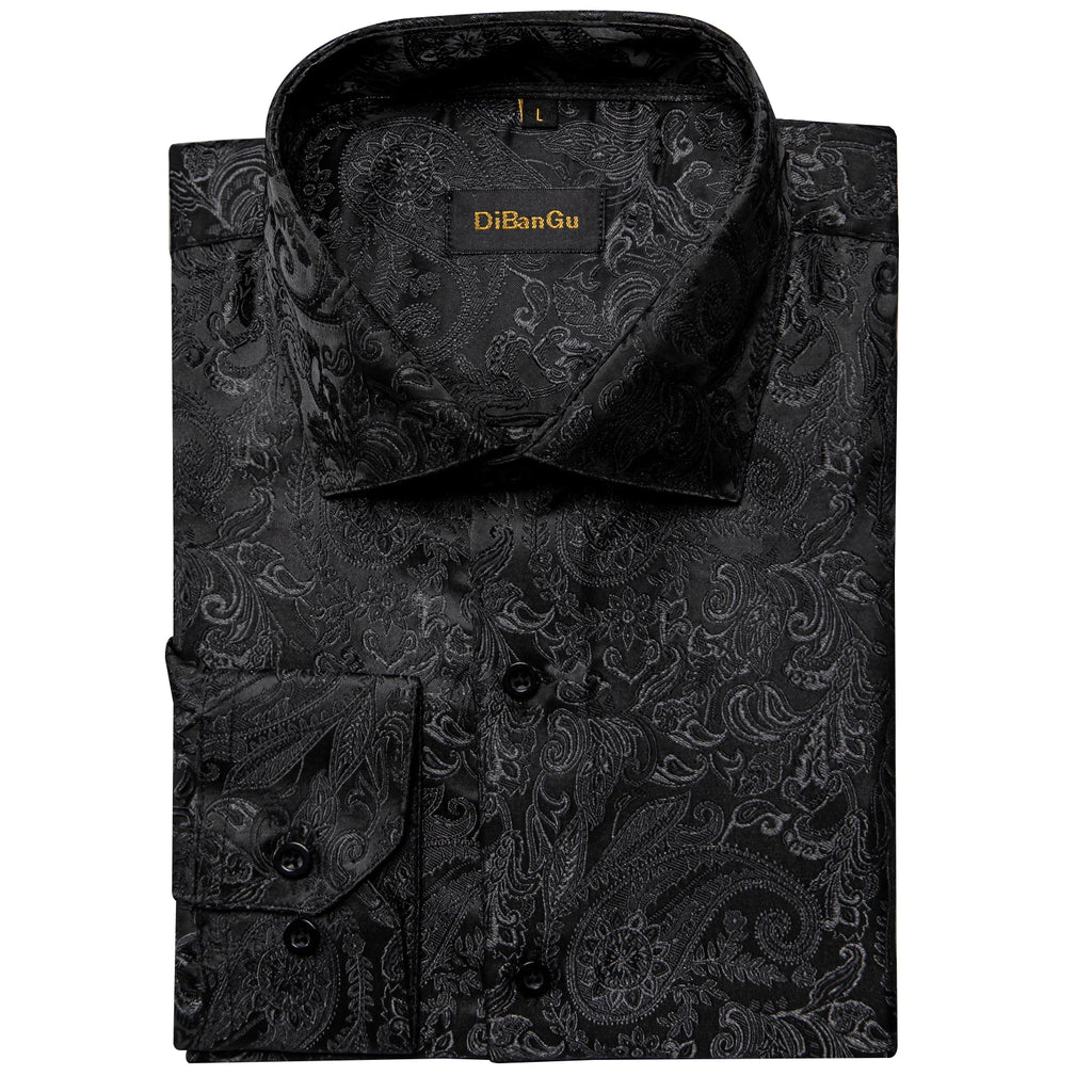 DiBanGu Silk Polyester Dress Shirts for Men Black Solid Paisley Red Silver Long Sleeve Turn Down Collar Prom Social Men's Shirt