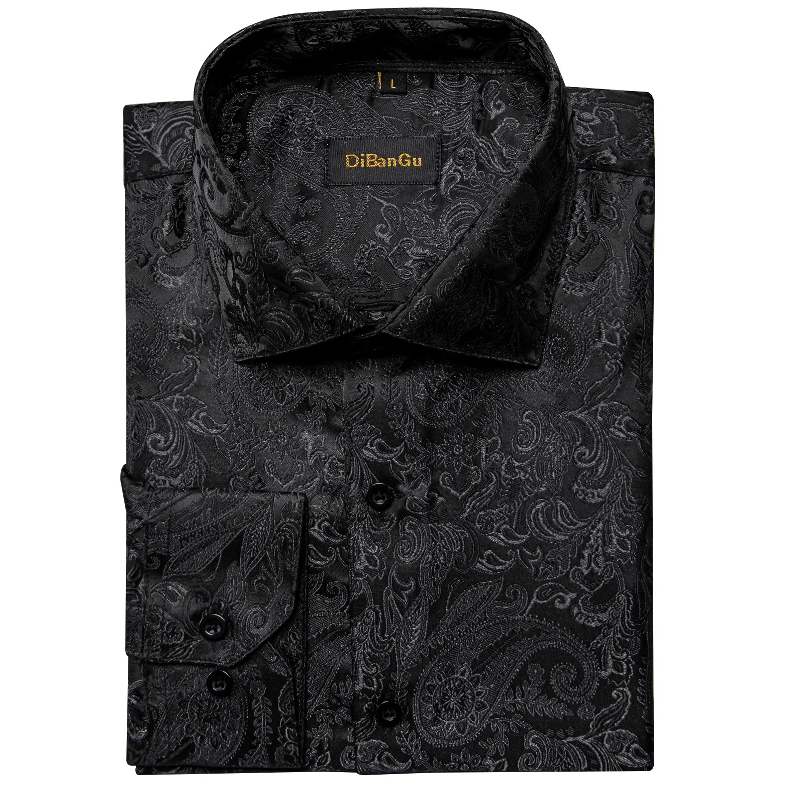 DiBanGu Silk Polyester Dress Shirts for Men Black Solid Paisley Red Silver Long Sleeve Turn Down Collar Prom Social Men's Shirt