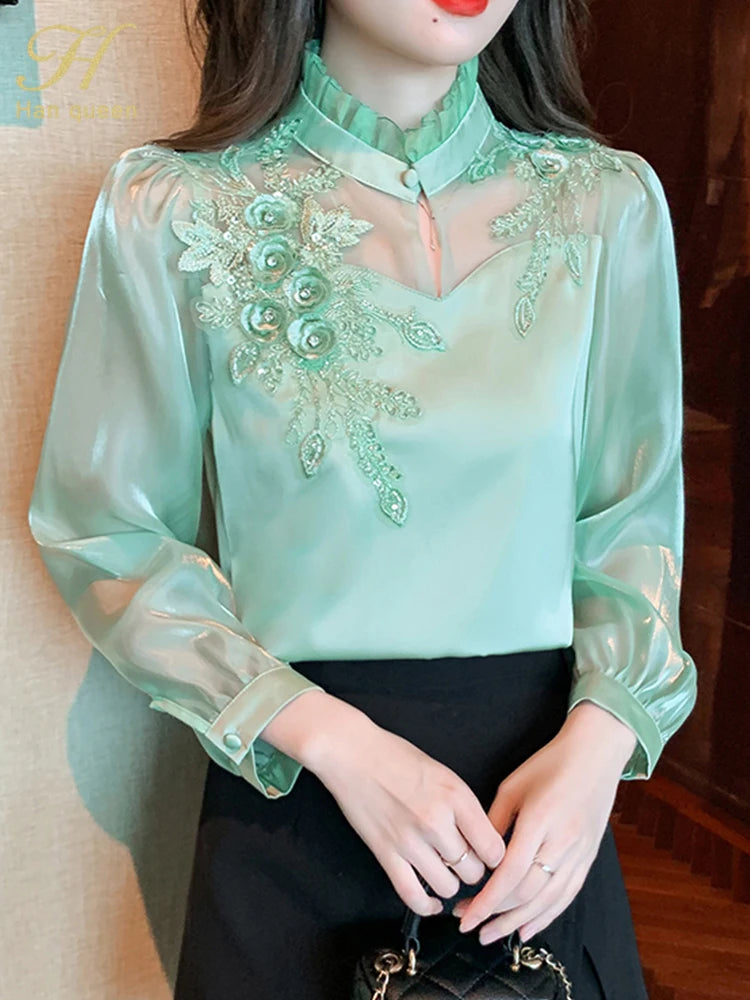 H Han Queen Elegant  Autumn Shirt Embroidery Beads Chiffon Simple Office Blouse Loose Tops Long Sleeve Casual Blouses Women