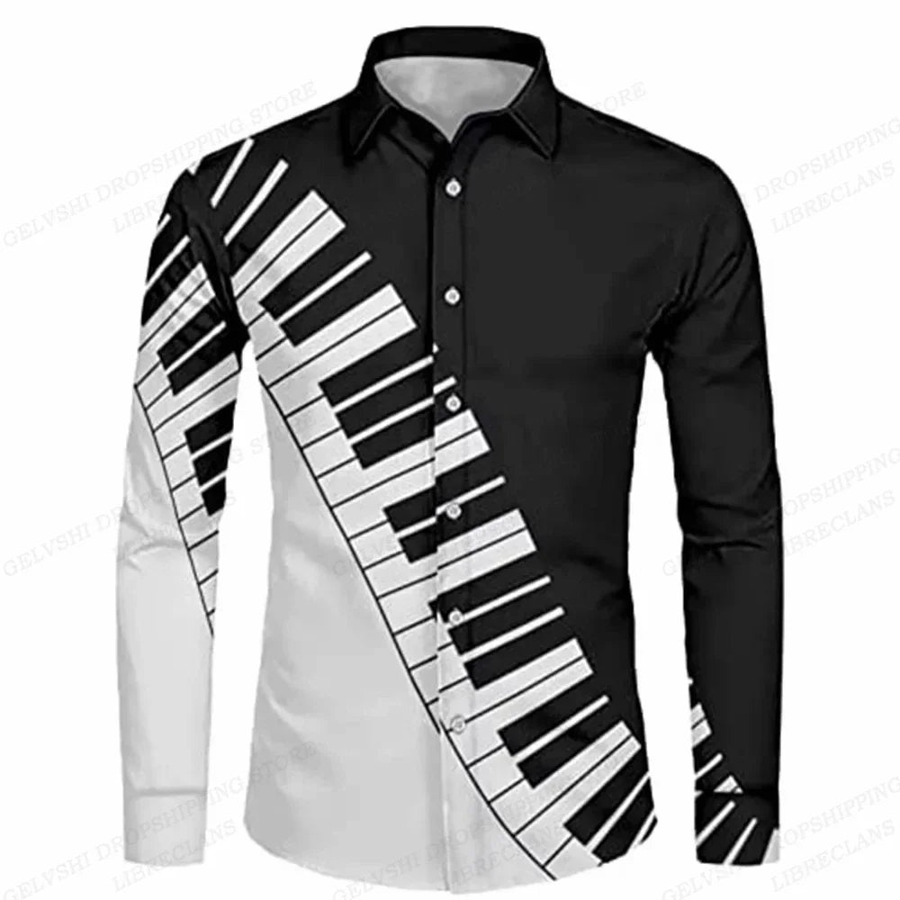 Long Sleeve Hawaiian Shirts Men Fashion Music Hawaii Shirt Instrument Beach Blouses Single Breasted Camisas Men's Clothing Aloha