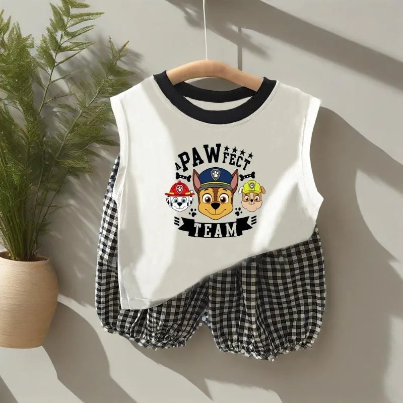 Summer Children Sleeveless Vest and Plaid Shorts 2pcs Sets PAW Patrol Boys Breathable Outfits Baby Girls Casual Clothes  Suit