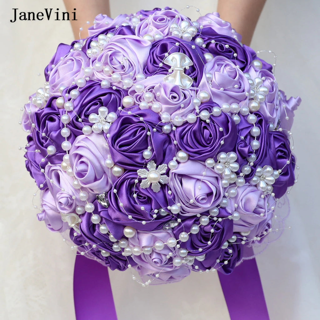 JaneVini Stunning Pearls Purple Flowers Bridal Bouquets Ribbon Handle Artificial Satin Roses Bride Bouquet Wedding Accessories