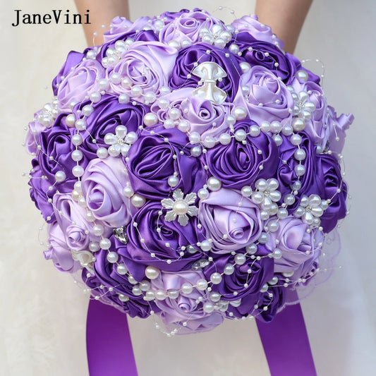JaneVini Stunning Pearls Purple Flowers Bridal Bouquets Ribbon Handle Artificial Satin Roses Bride Bouquet Wedding Accessories
