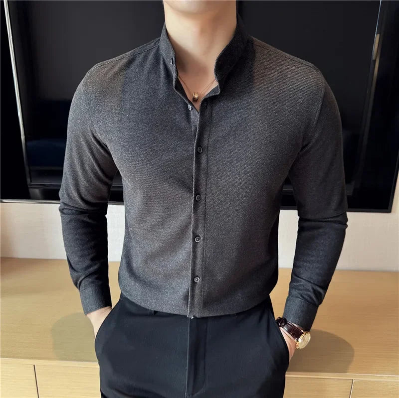 Winter Men Woolen Shirt with British Style Solid Casual Stand Up Collar Thick Warm Wool Formal Dress Shirt Fashion Men Clothing