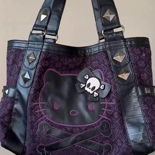 MINISO Sanrio Hello Kitty Vintage Purple Handbag Y2K Gothic Style Multifunctional Underarm Tote Bag Sweet and Spicy Fashion