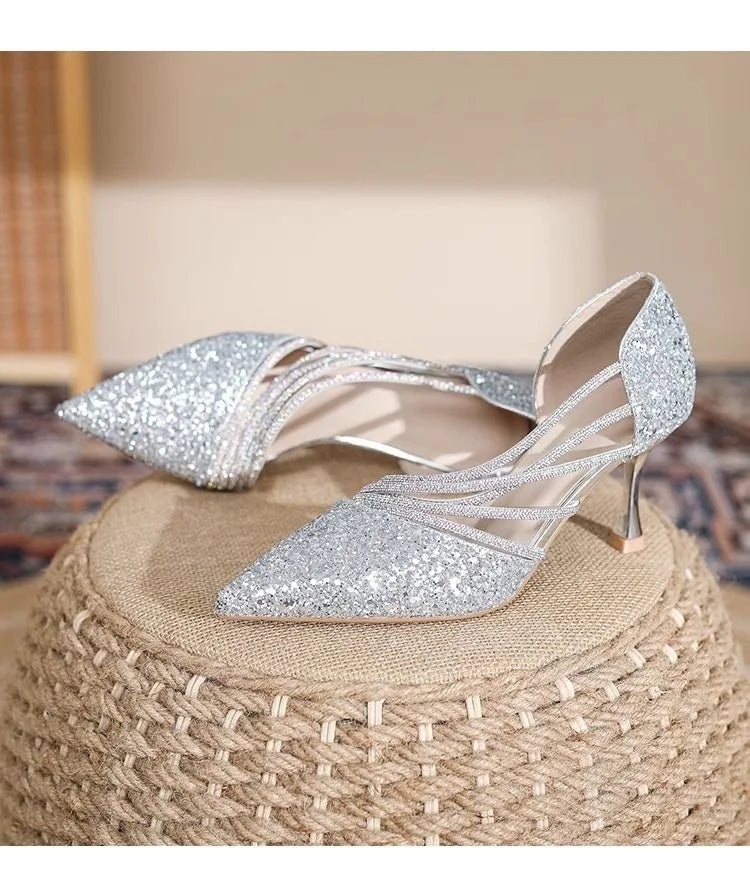 Sexy Pointed Toe Champagne Ladies High Heels New Shiny Crystal Wedding Bridal Shoes Simple and Elegant Women's Dress Shoes
