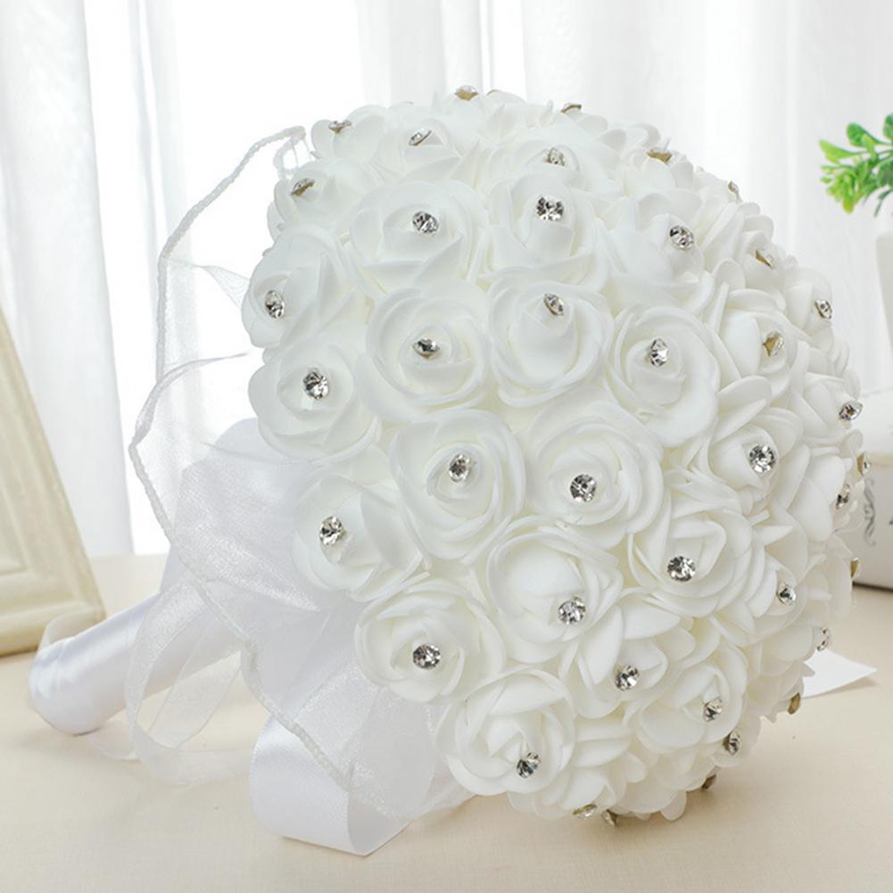 White Faux Silk Diamond Flower Ribbon Bouquet Wedding Bridal Holding Rose Bouquet Fake Flower for Wedding Decoration Flowers