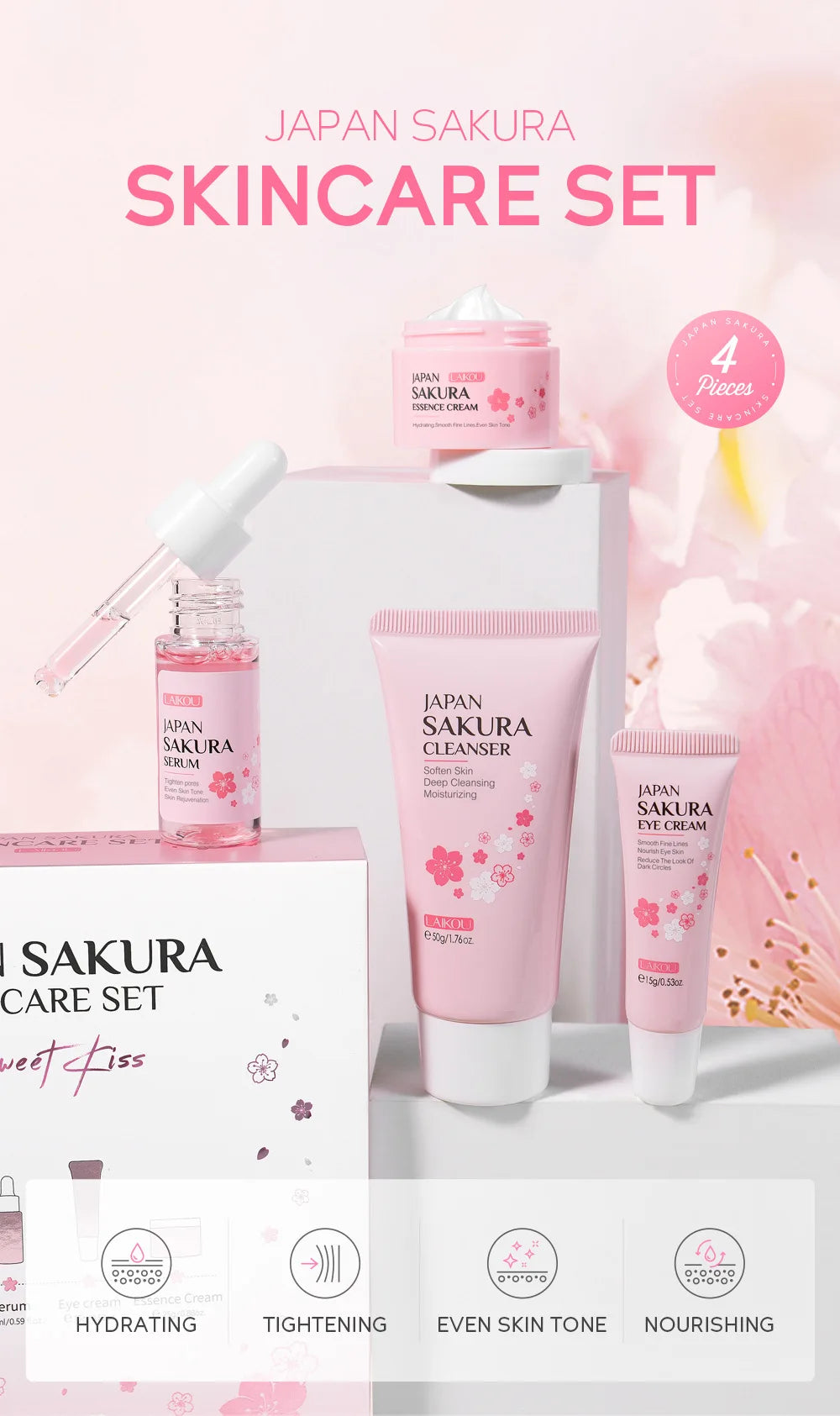 LAIKOU Sakura Skin Care Sets Facial Cleanser Eye Creams Face Cream Serum Lotion Toner Brightening Moisturizing Face Care Kit