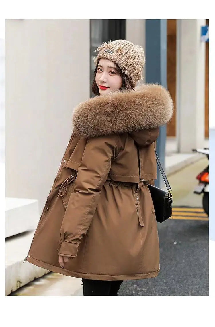 2025 Winter New Korean Edition Loose Thicken Cotton Jacket Women's Big Fur collar Hooded Coat Female Casual Warm Parker Overcoat