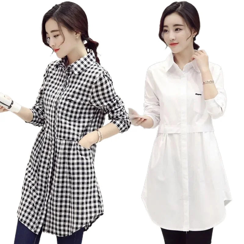 Plus Size New Korean Fashion Blouses Plaid Button Solid Midi Autumn Shirt Female All-match Loose Long Sleeve Polo-Neck Blouse