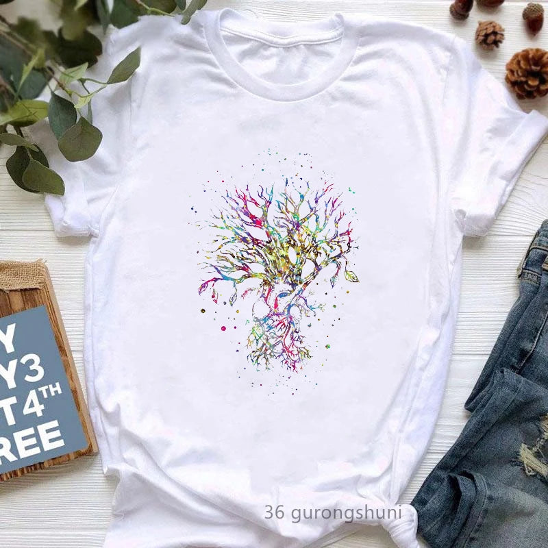 Newest Yoga Tree Print Tshirt Girls Summer Fashion Short Sleeve T Shirt Women Buddha Chakra Meditation T-Shirt Female Wholesale