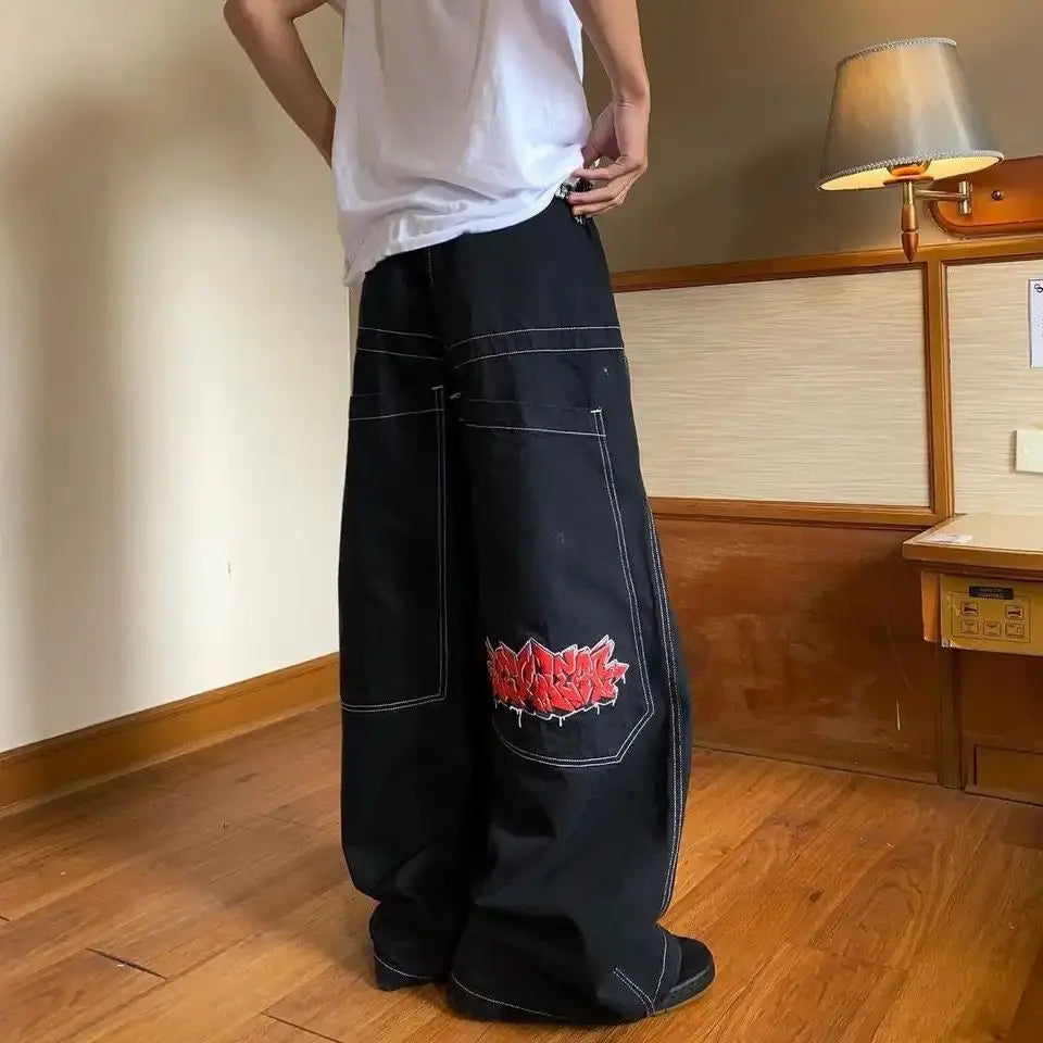 HOUZHOU Y2k Oversized Black Women Jeans Vintage Wide Leg Embroidery Denim Trousers Grunge Hip Hop Style Streetwear Baggy Jeans
