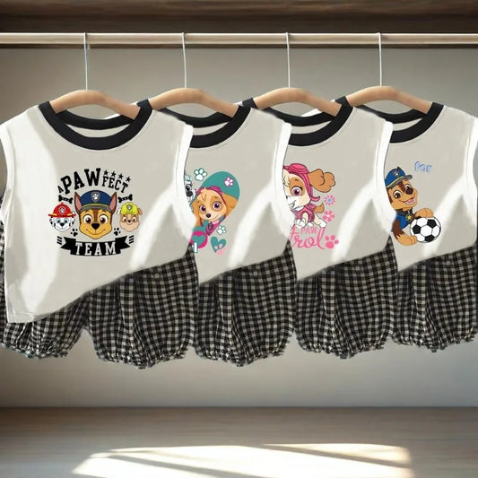 Summer Children Sleeveless Vest and Plaid Shorts 2pcs Sets PAW Patrol Boys Breathable Outfits Baby Girls Casual Clothes  Suit