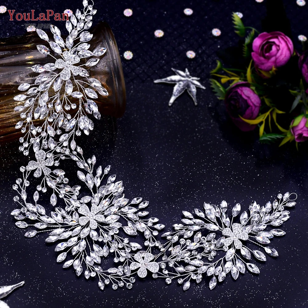 YouLaPan Luxury Wedding Headpiece Rhinestone Hair Vine for Bride Headwear Alloy Flower Headband Weding Hair Accessories HP390