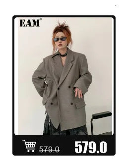 EAM Gray Spliced Pleated Personality Blazer Women New Lapel Long Sleeve Loose Fit Jacket Fashion Tide Spring Autumn 2025 30A1252