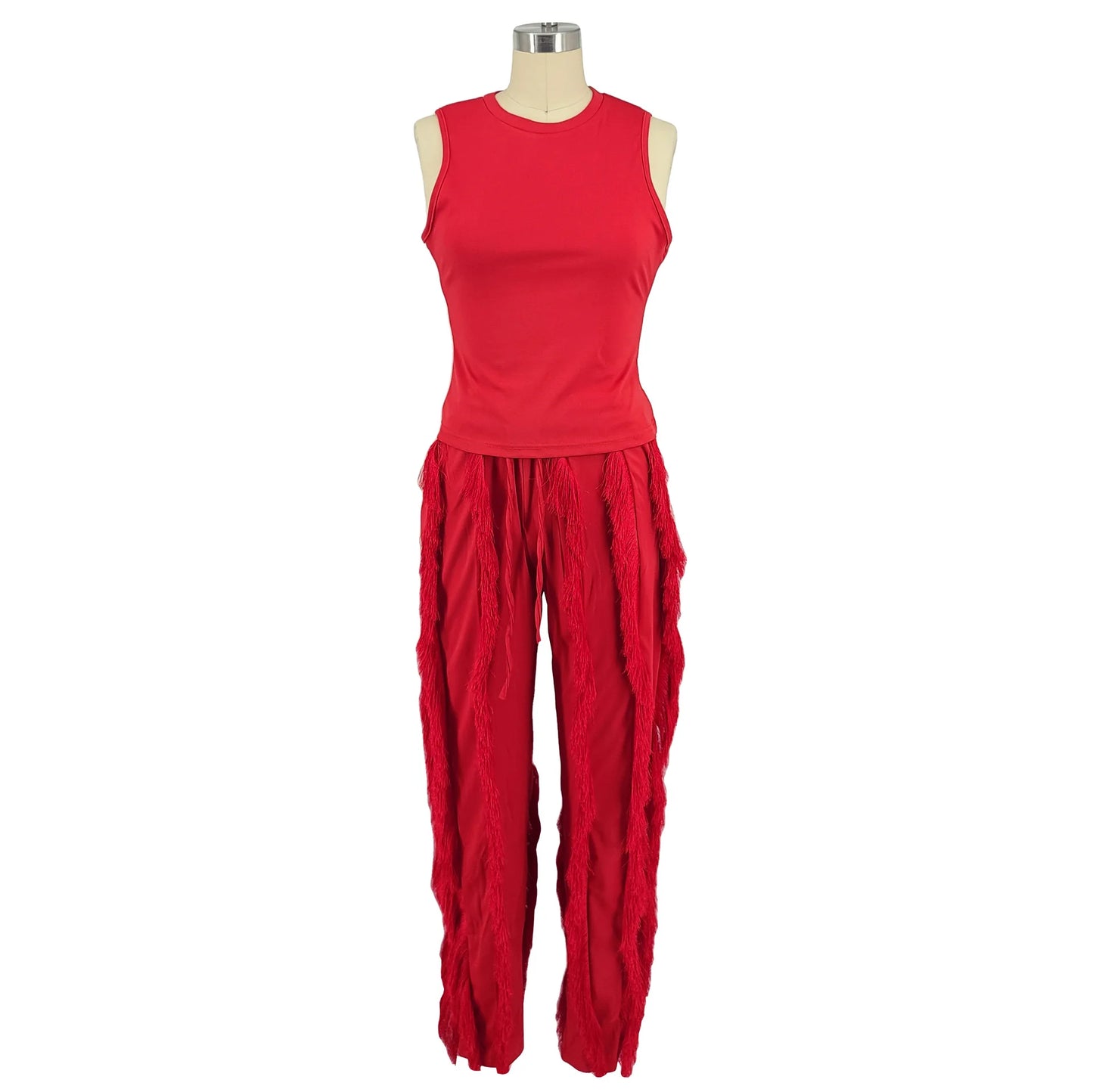 Fashion Solid Romper Casual Tank Top & Tassel Decor Drawstring Pants Set Skinny Tank Jumpsuits Summer Female Outfit Streetwear