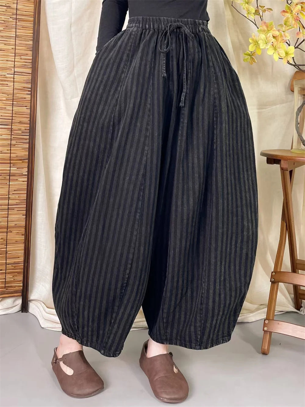 High Quality Cotton Linen Casual Pants Women New Arrival 2024 Autumn Vintage Style Striped Female High Waist Harem Pants M075