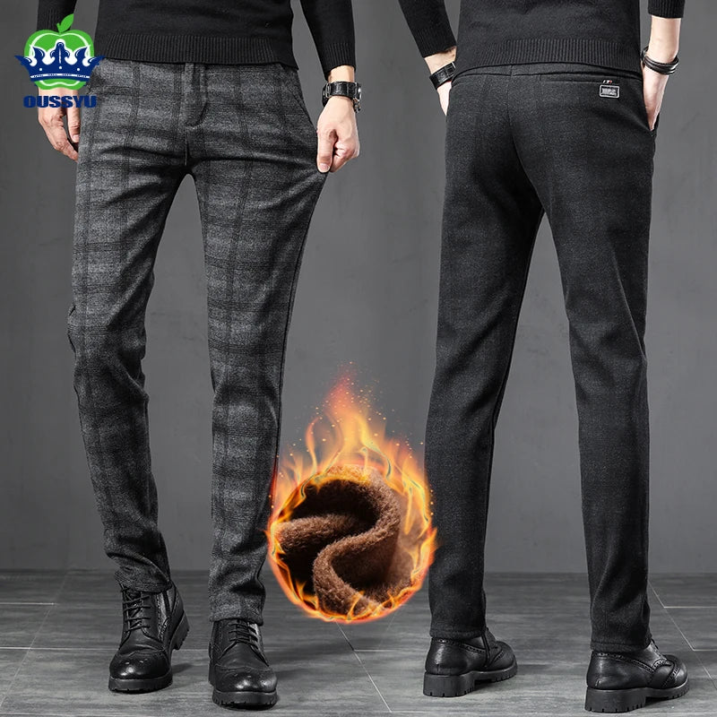 Winter Fleece Warm Pants Men England Plaid High Quality Business Slim Cotton Long Trousers Male Black Gray Pant Big Size 28-38