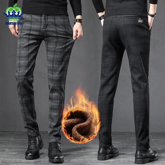 Winter Fleece Warm Pants Men England Plaid High Quality Business Slim Cotton Long Trousers Male Black Gray Pant Big Size 28-38