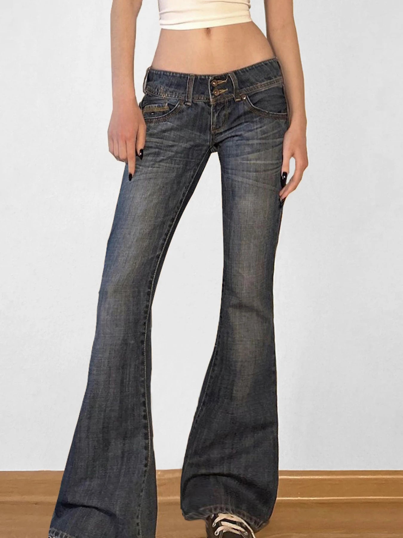 Cuteandpsycho Fashion Low Waisted Washed Flared Jeans Button Harajuku Aesthetic Pants Streetwear Basic Slim Pockets Y2K Bottoms