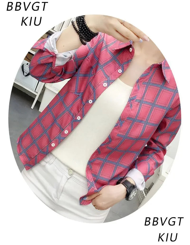 2024 Autumn New College Style Plaid Shirts Womens Long sleeve Button Down Casual Tops Loose Fashion Polo Neck Blouses