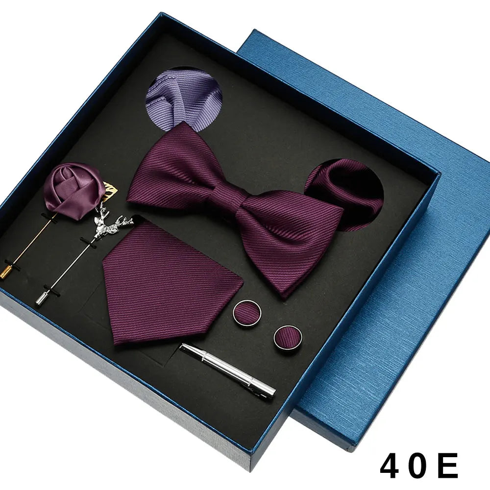 Luxury Tie Set For Men Solid Color Necktie Pocket Square Brooch Cufflinks Gift Box Wedding Business 8pcs Mens Neck Tie Accessory