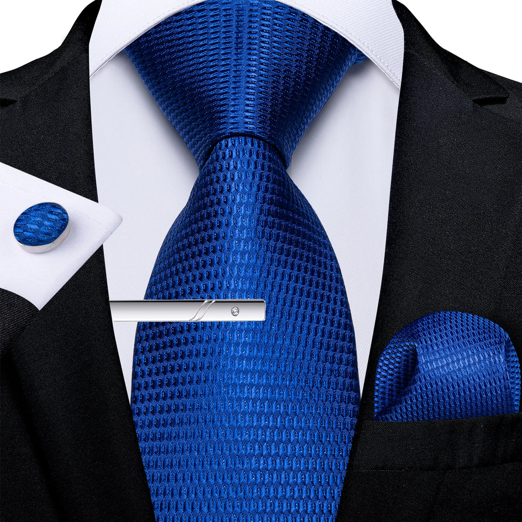 Men's Tie Set with Clip Luxury Retro Red Blue Floral 8cm Necktie Handkerchief Cufflinks Wedding Party Business Accessories Gift