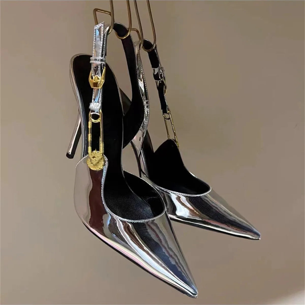 2025Women's Sexy Silk Rhinestone Pumps Belt Buckle Back Hollow Pointed Toe Thin Heel Sandals Pumps Female High Heels Party Shoes