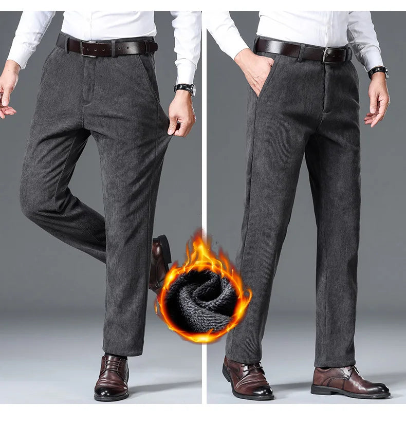 Winter New Corduroy Thick Pants Men's Fleece Fashion Business Straight Trousers Brand Comfortable Velvet Warm Plush Loose Pants