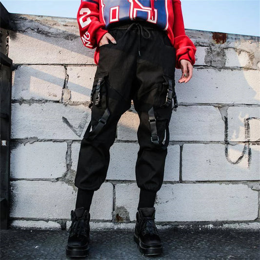 100% Cotton Black High Waist Cargo Pants Women Casual Punk Pants Gothic Pencil Harajuku Cool Trousers Fashion Hip Hop Girl Pants