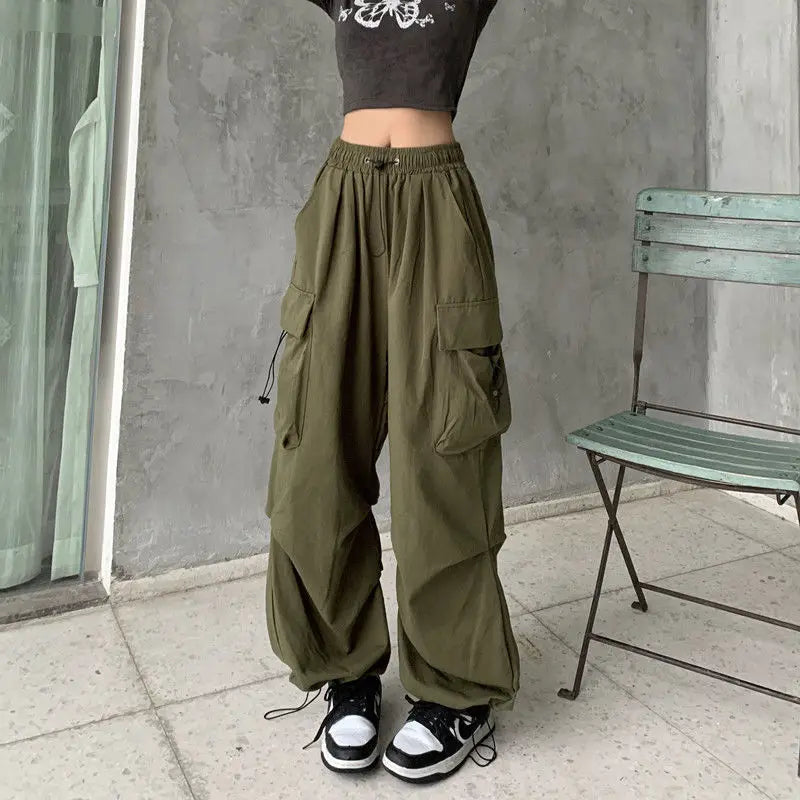Women Long Cargo Pants Summer Elastic Waist Pocket Baggy Straight Loose Pants Casual Women Korean Trousers CDPF-WYP-51