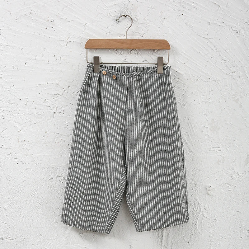 Children's Retro Striped Cotton And Linen Pant Spring Autumn New Japanese Boys And Girls Casual Loose Wide-Leg Pants WTP122