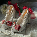 Original Handmade Lolita High Heels Heavy Industry Feather Stitching Pearl Bow Lace Platform Shoes Round Head Princess Heels