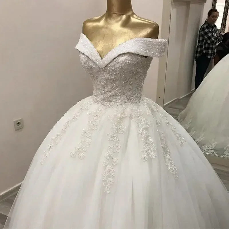 Customized  Off The Shoulder Shinny Beads Appliques Wedding Dress Sweep Train Corset Back Puffy Bridal Gown