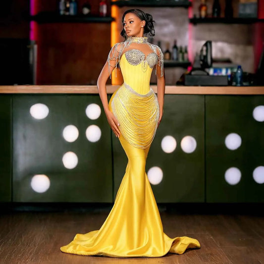 Aso Ebi Style Golden Yellow Evening Dresses Luxury Beading Tassels Mermaid Birthday Dress Black Girls Wedding Party Dress Custom