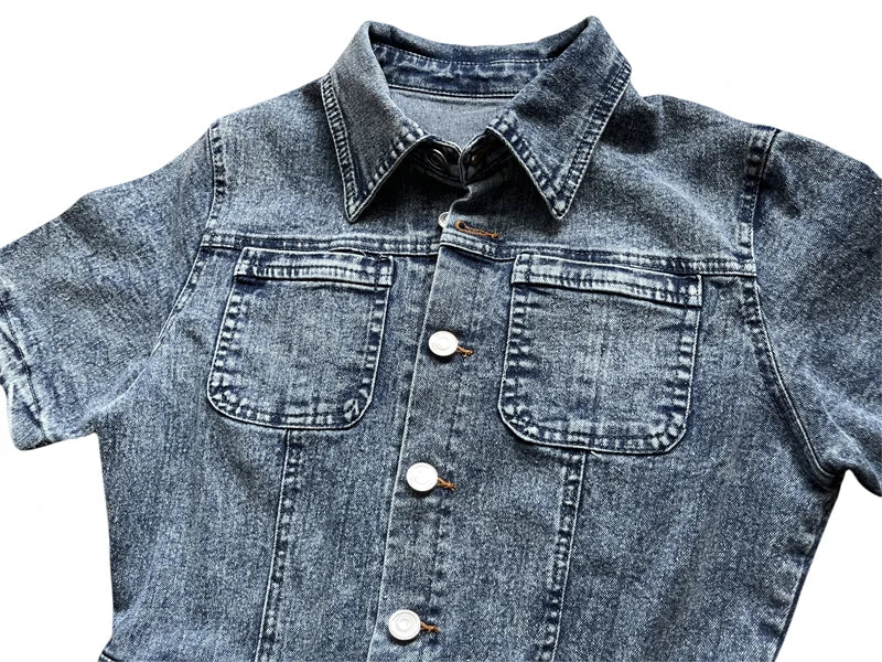Casual Slim Short Sleeve Stretch Stir Fried Floral Washed Denim Jumpsuit Jeans Playsuit Cotton Flared Pants Jump Suit Overalls