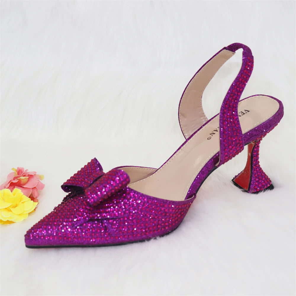 Venus Chan Bridal High Heels for Women 2023 Pointed Toe With Bows Gold Color Rhinestone  Elegant Party Wedding Shoe and Bag Set