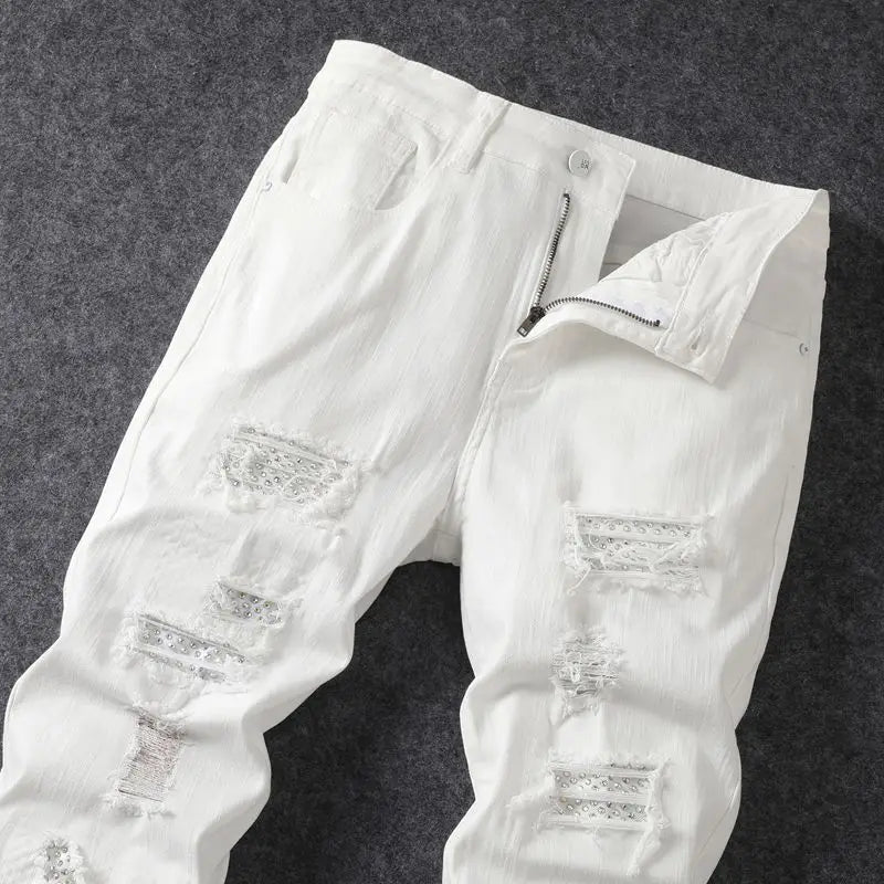 2024 spring and summer hot selling men's white distressed hot drilling jeans slim fit stylish American high street trendy jeans