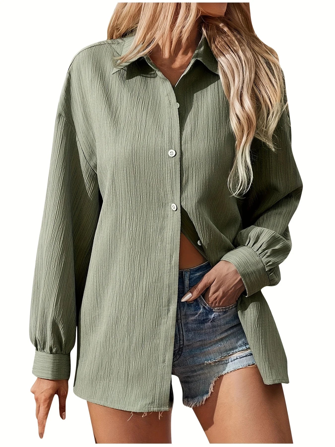 Plus Size 1XL-5XL  All Season Women's Fashionable Solid Color Button Up Shirt Women Casual Long Sleeved Lapel Shirt