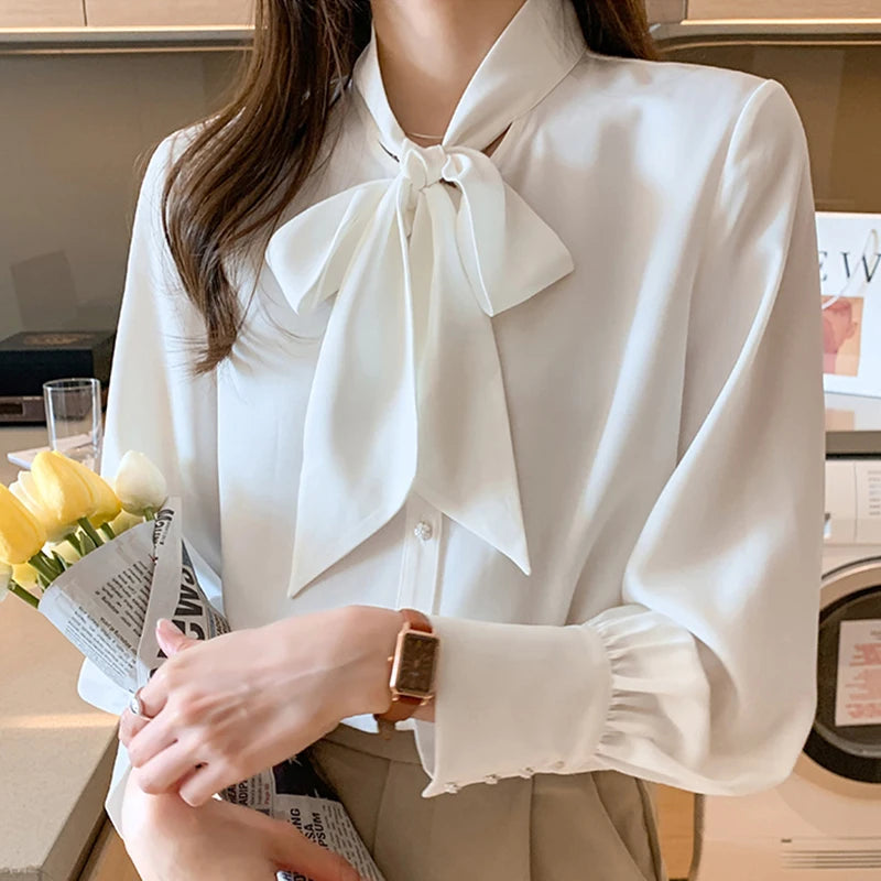 H Han Queen New Arrival Shirt Womens Blouse Vintage Work Casual Tops Chiffon Blouse Bow Elegant Loose Women Business Shirts 2021