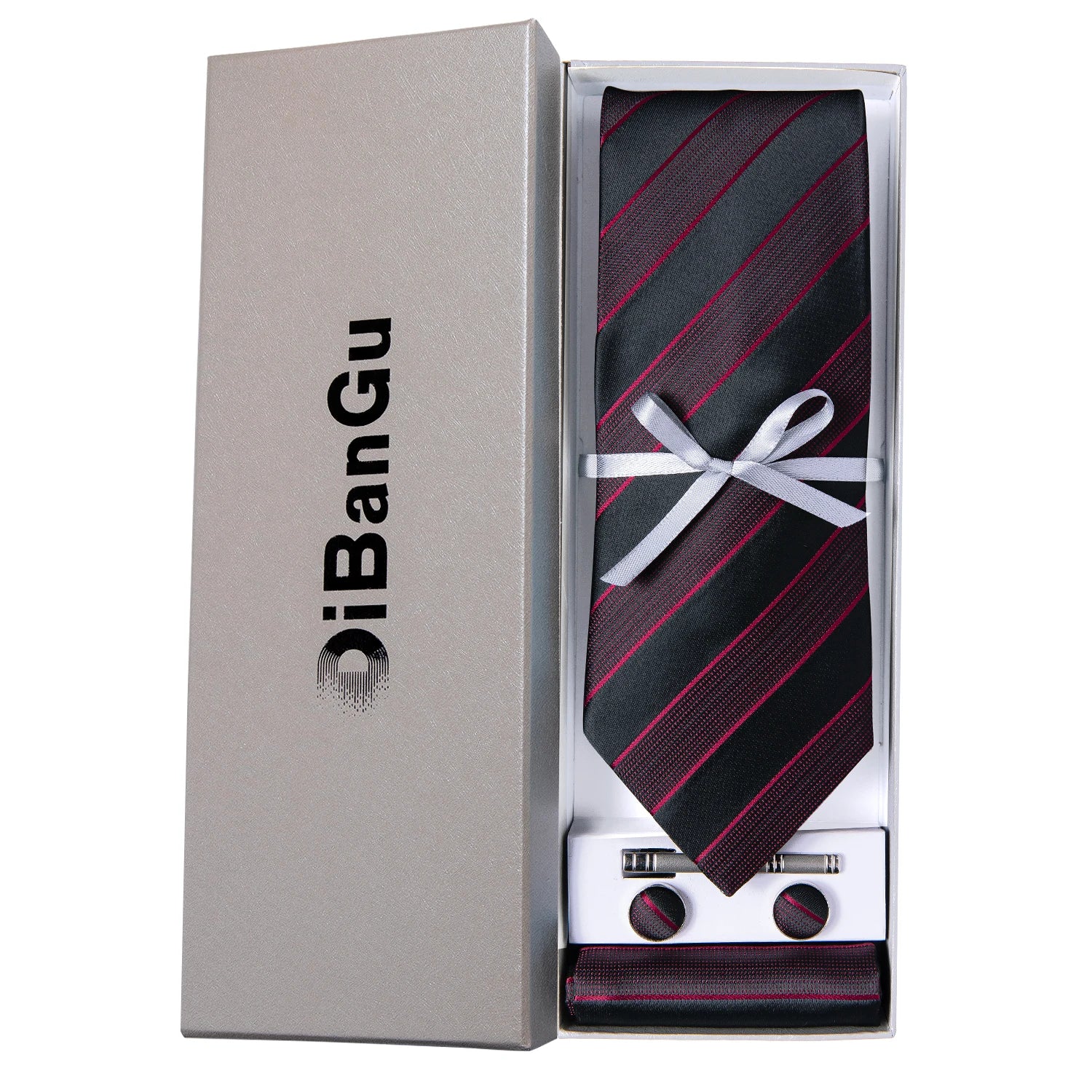 Solid Black Plaid Men's 8cm Polyester Neck Tie Handkerchief Cufflinks Set with Gift Box Tie Clip Birthday Anniversary Gift