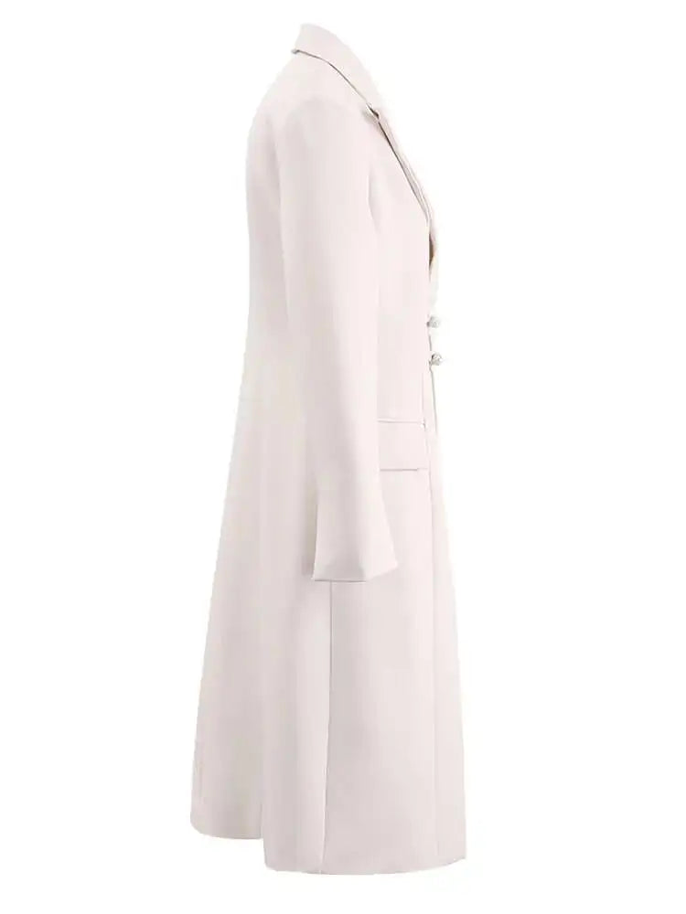 [EAM] Women Beige Irregular Hem Buckle Long Elegant Blazer New Lapel Long Sleeve Jacket Fashion Tide Spring Autumn 2025 CPDB133