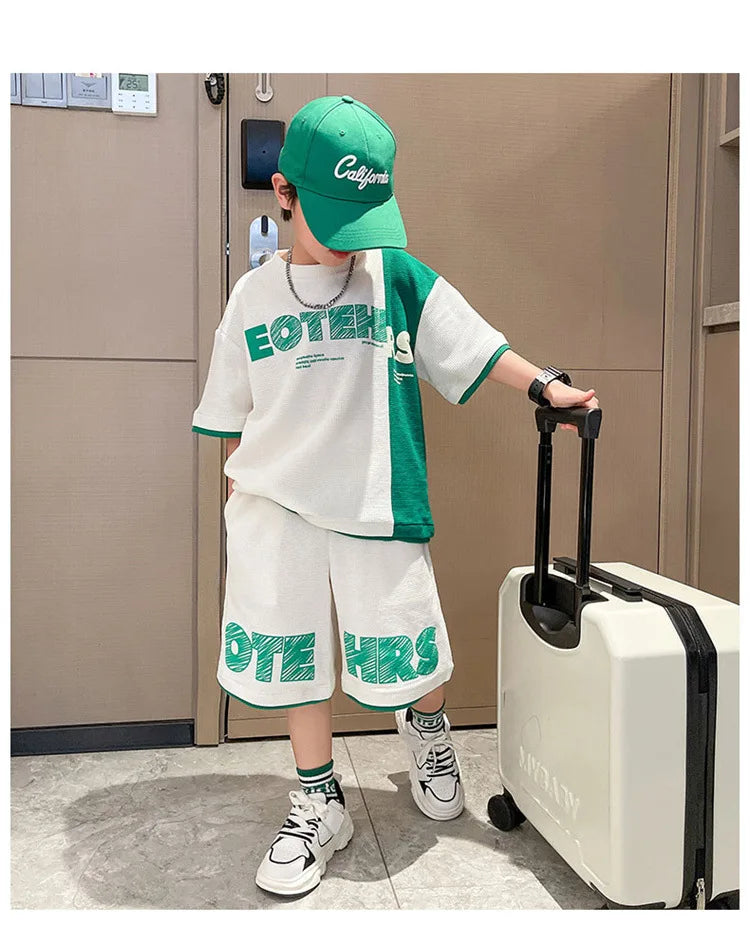 New Summer Teenagers Boys Clothing Sets Child Fashion Letter Top And Shorts 2Pcs Kids Tracksuit 4 5 6 7 8 9 10 11 12 13 14 Years