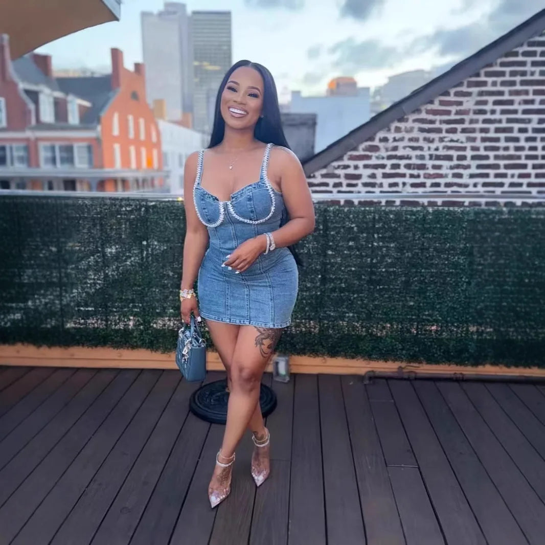 Camisole Dress Sexy Sleeveless Women Denim Dresses Solid Spliced Sheath Slim Washed Distressed 2025 Summer Wrap Buttocks