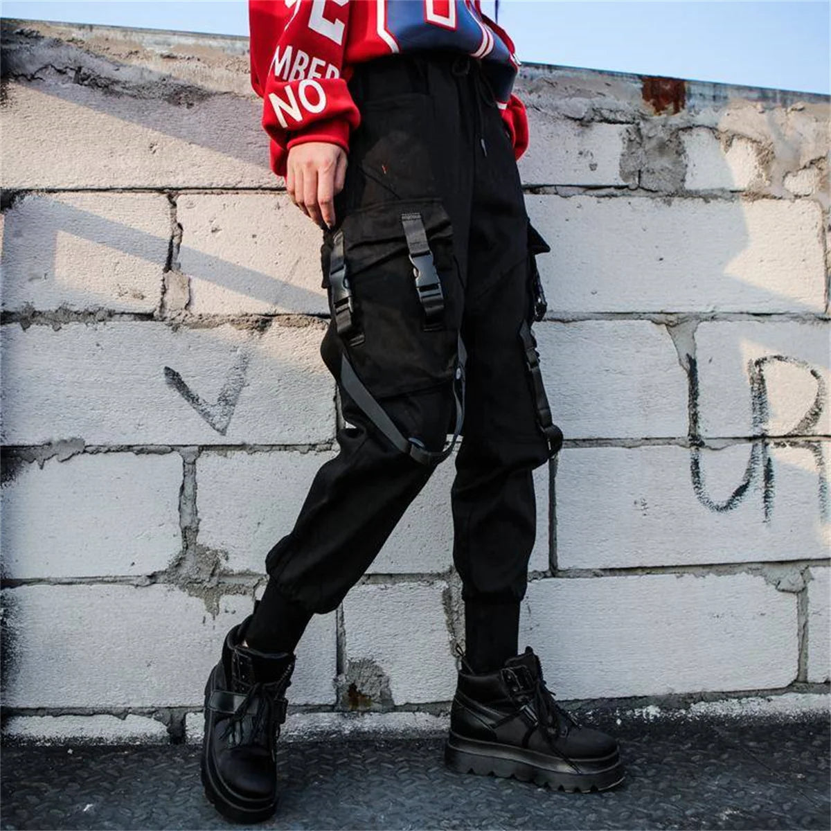 100% Cotton Black High Waist Cargo Pants Women Casual Punk Pants Gothic Pencil Harajuku Cool Trousers Fashion Hip Hop Girl Pants