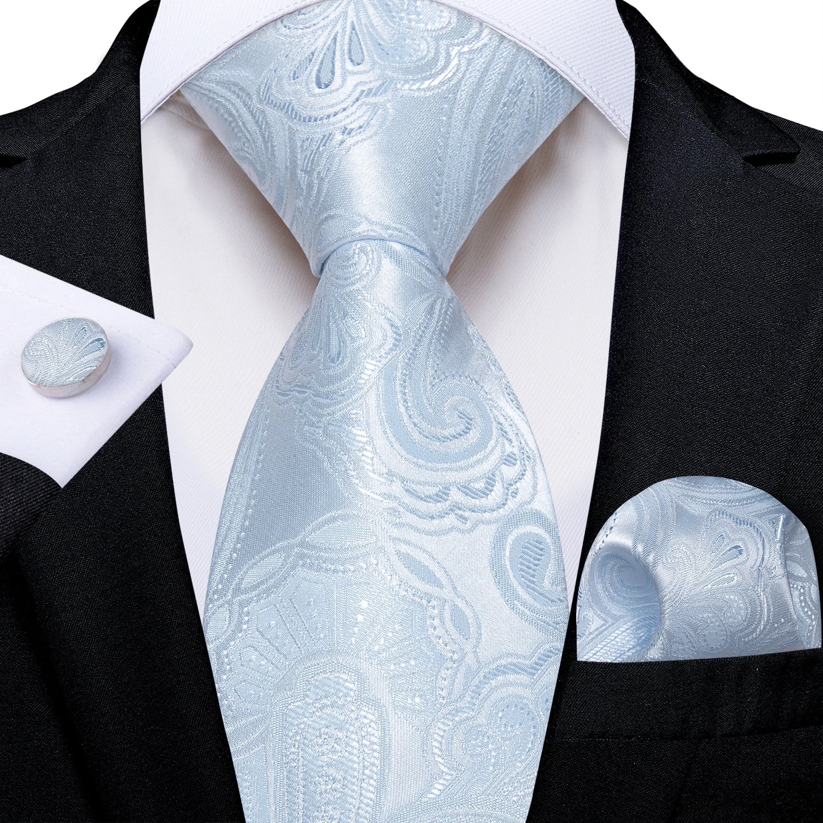 Light Blue Men's Tie Set Handkerchief Cufflinks Solid Paisley Floral Wedding Party Formal Groom Suits Accessories Gift Husband