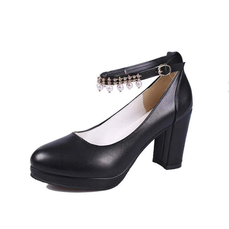 Women's Wedding Shoes String Bead Ankle Strap Elegant Middle High Heel Dress Platform Bridal Pearl Pumps 8cm 2023 Autumn Leather