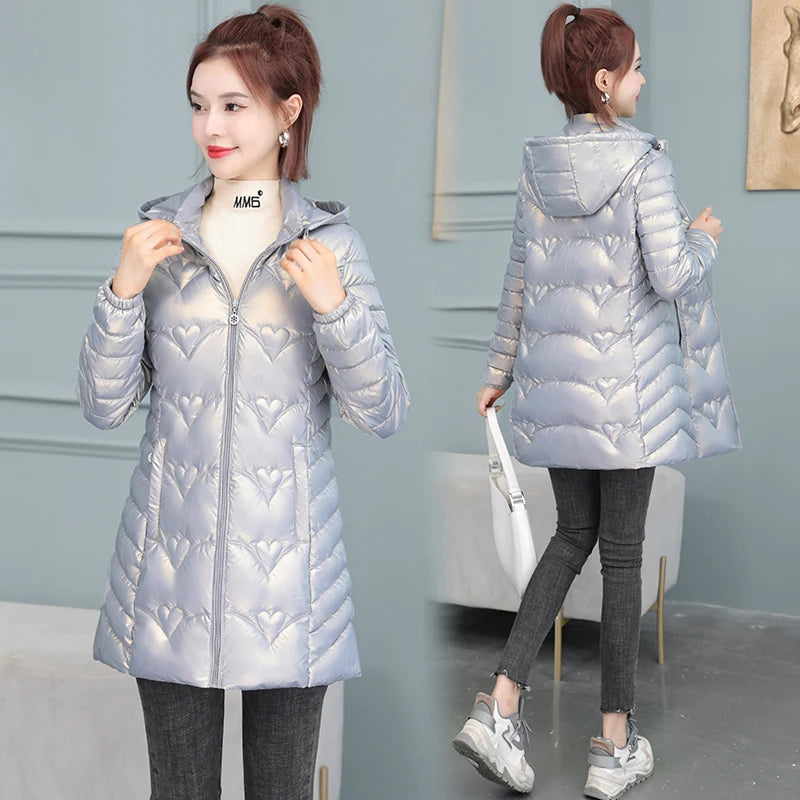2023 New Winter Jacket Long Coats Women  Hooded Glossy DownCotton Jacket Warm Casual Parka Padded Cotton Coat Female