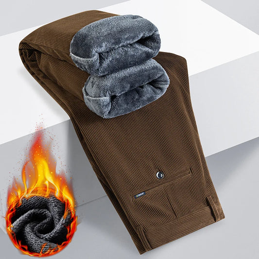 Winter New Corduroy Thick Pants Men's Fleece Fashion Business Straight Trousers Brand Comfortable Velvet Warm Plush Loose Pants