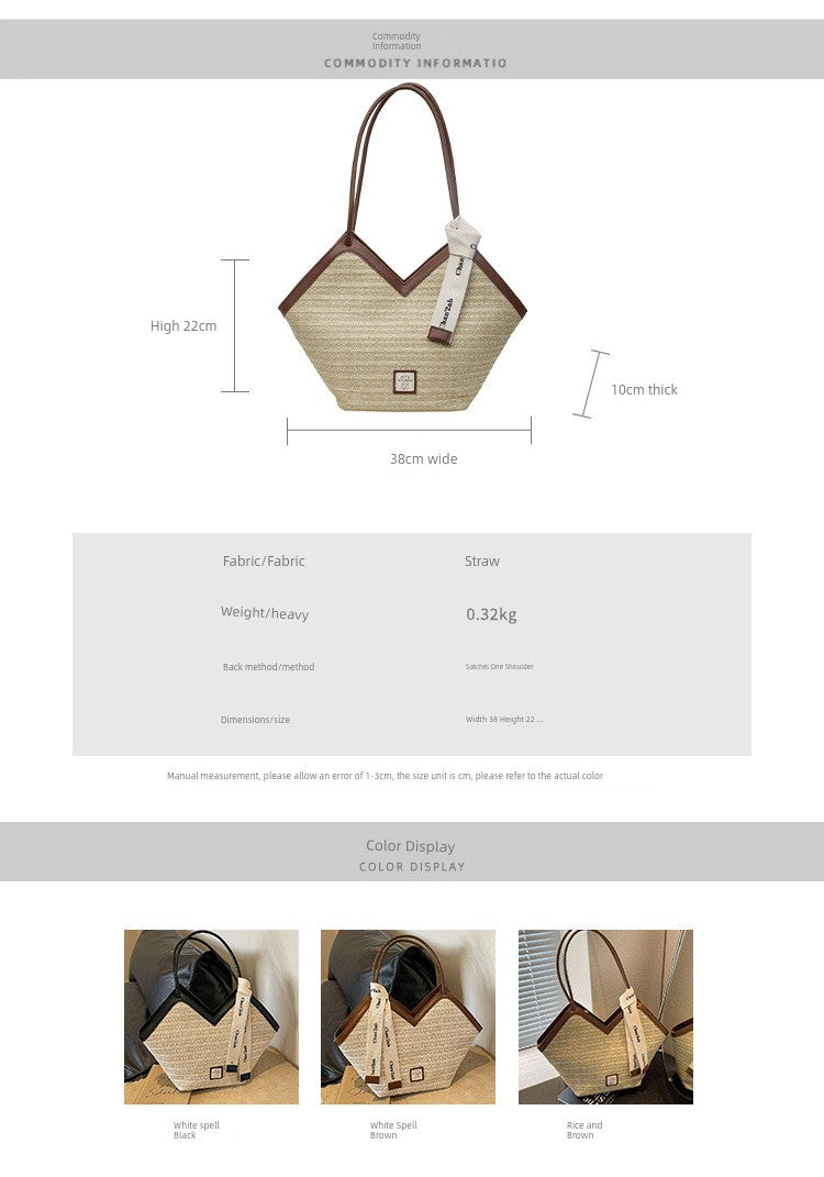 Woven Straw Woven Bag Women's Large Capacity 2025 New Arrival Easiest for Match Seaside Shoulder Bag Beach Vacation Commuter Tote